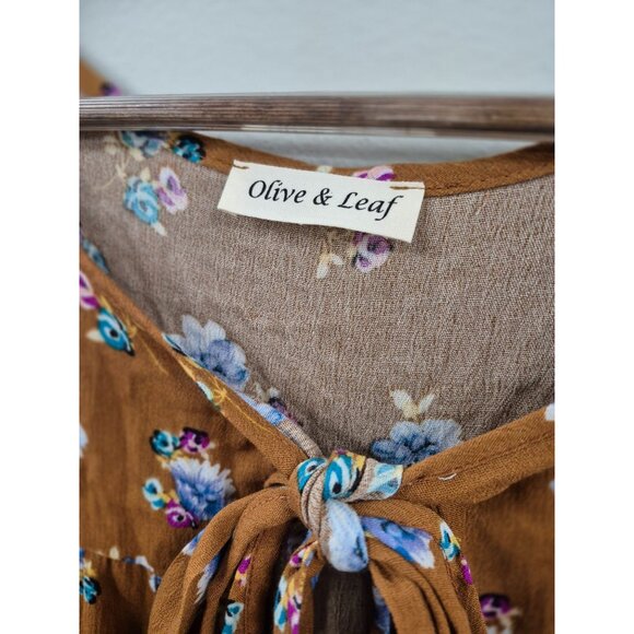 Olive & Leaf Womens Floral Tie-Front Blouse S Brown/Blue Rayon - Picture 3 of 5